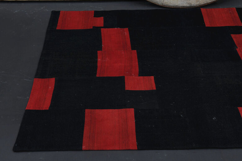 Black & Red Patchwork Rug - Handmade Vintage Area Rug