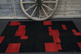 Black & Red Patchwork Rug - Handmade Vintage Area Rug - Thumbnail