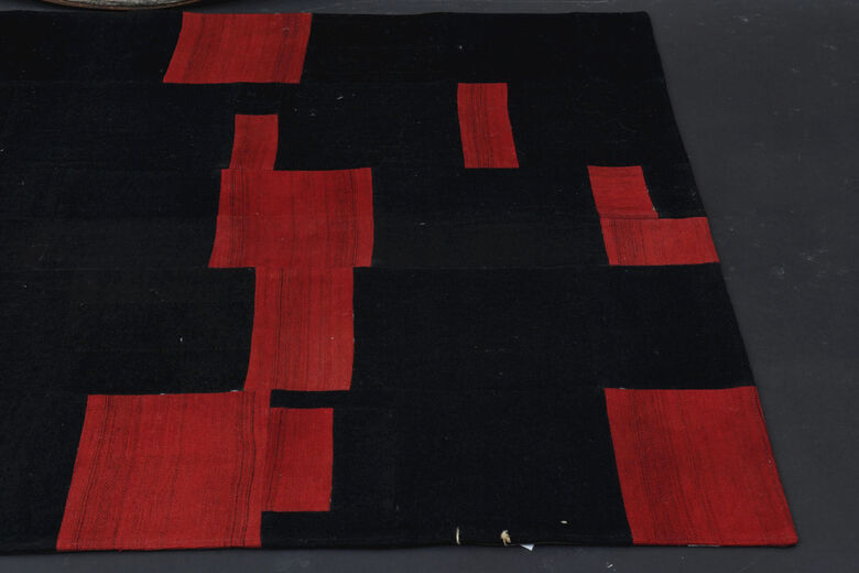Black & Red Patchwork Rug - Handmade Vintage Area Rug