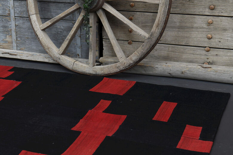 Black & Red Patchwork Rug - Handmade Vintage Area Rug