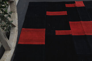 Black & Red Patchwork Rug - Handmade Vintage Area Rug - Thumbnail