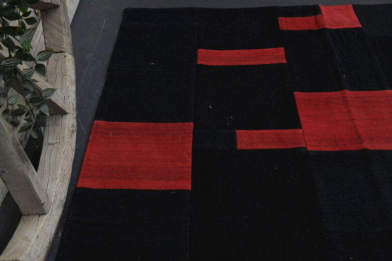 Black & Red Patchwork Rug - Handmade Vintage Area Rug