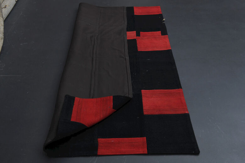 Black & Red Patchwork Rug - Handmade Vintage Area Rug