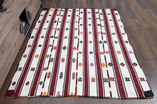 Red Striped White Kilim Area Rug - Thumbnail