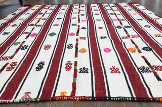 Red Striped White Kilim Area Rug - Thumbnail