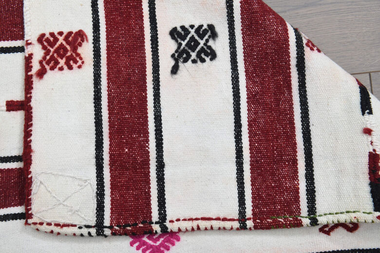 Red Striped White Kilim Area Rug