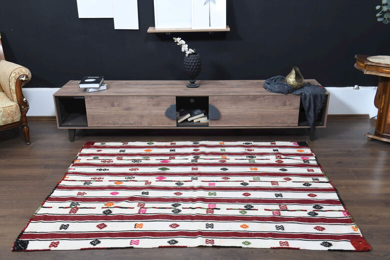 Red Striped White Kilim Area Rug