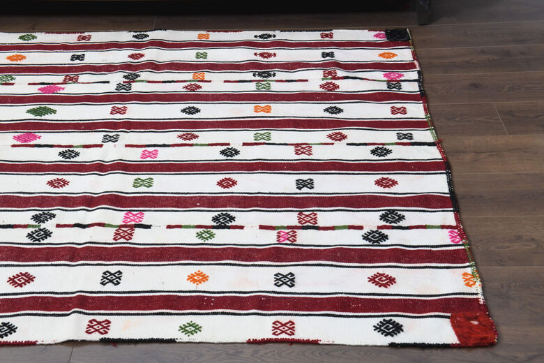 Red Striped White Kilim Area Rug