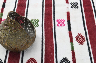 Red Striped White Kilim Area Rug - Thumbnail