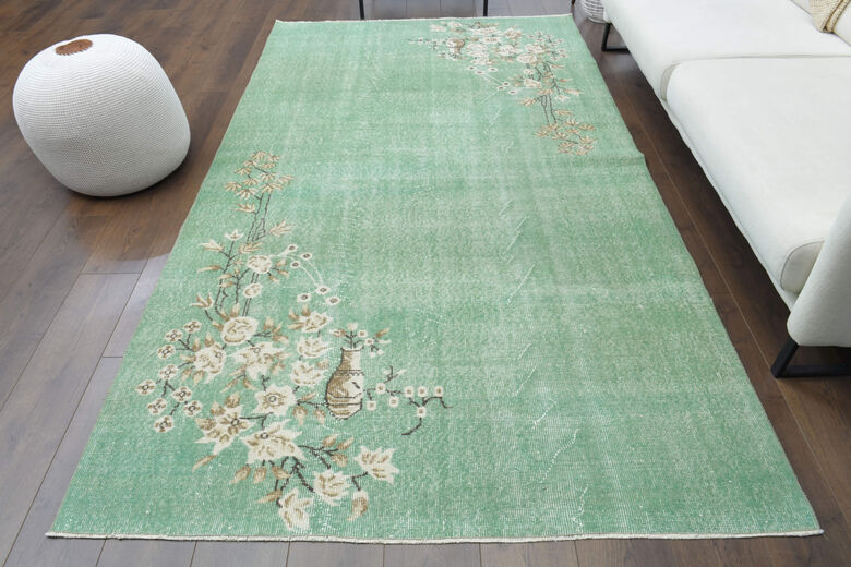 Handmade Vintage Turkish Area Green Anatolian Rug