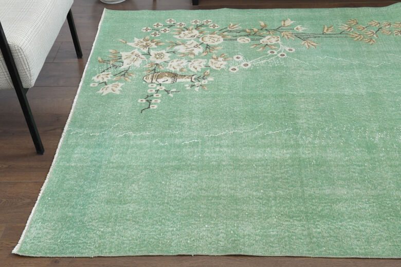 Handmade Vintage Turkish Area Green Anatolian Rug