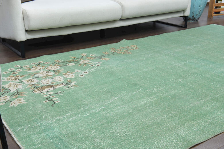 Handmade Vintage Turkish Area Green Anatolian Rug