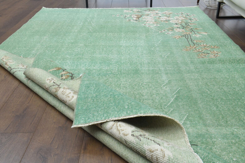 Handmade Vintage Turkish Area Green Anatolian Rug