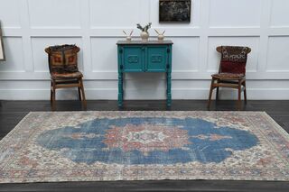 Blue Oriental Oushak Vintage Area Rug - Thumbnail