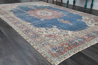 Blue Oriental Oushak Vintage Area Rug - Thumbnail