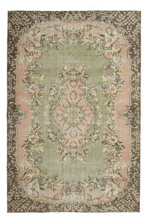 Handmade Green Brown Floral Rug - Thumbnail