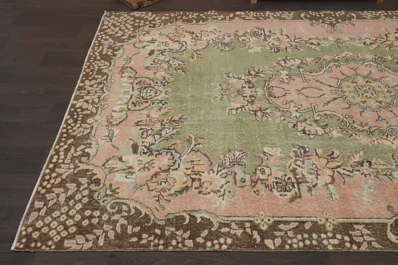 Handmade Green Brown Floral Rug