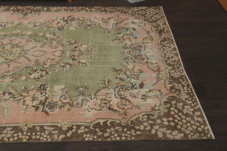 Handmade Green Brown Floral Rug