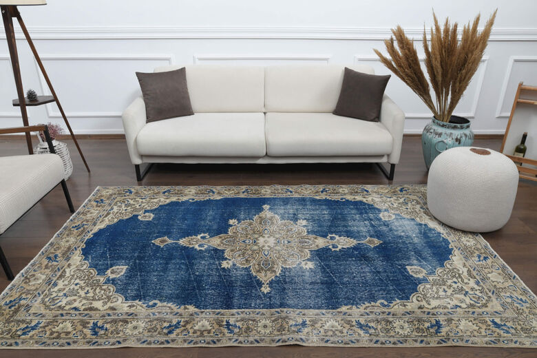 Faded Blue Brown Turkish Anatolian Rug