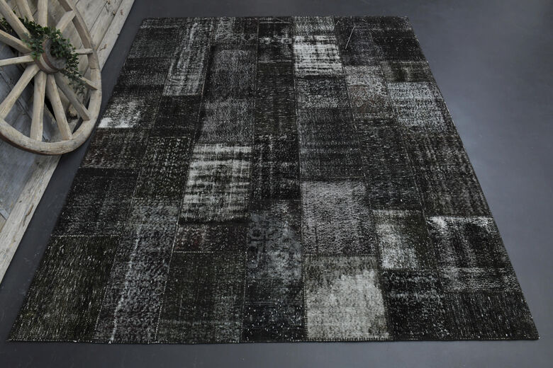 Handmade Vintage Black Patchwork Area Rug