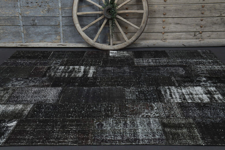 Handmade Vintage Black Patchwork Area Rug