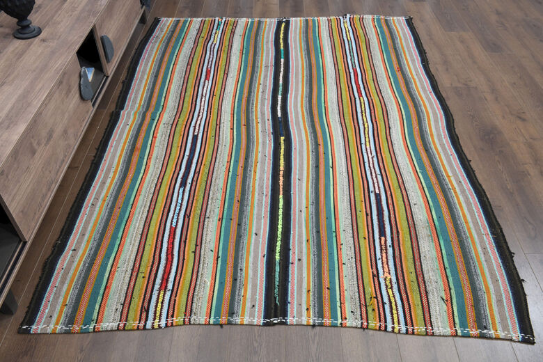 Vintage Handmade Striped Flatweave Carpet