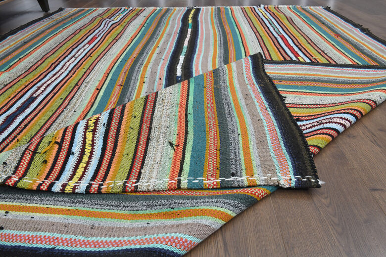 Vintage Handmade Striped Flatweave Carpet