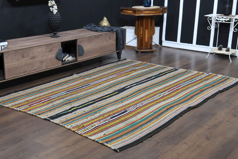 Vintage Handmade Striped Flatweave Carpet