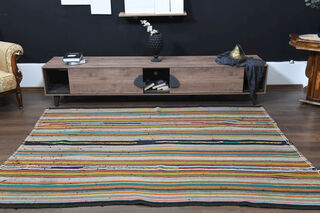 Vintage Handmade Striped Flatweave Carpet - Thumbnail