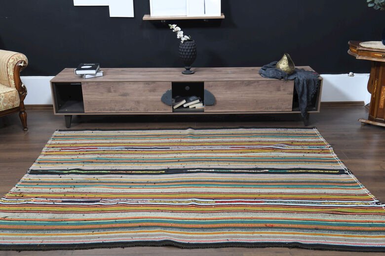 Vintage Handmade Striped Flatweave Carpet