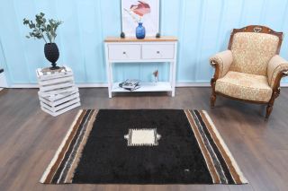 Handmade Vintage Black Flatweave Rug - Thumbnail