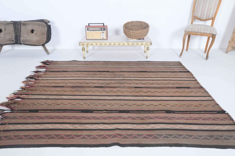 Striped Brown Handmade Vintage Rug