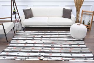 Black White Kilim Handmade Vintage Rug - Thumbnail