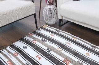 Black White Kilim Handmade Vintage Rug - Thumbnail