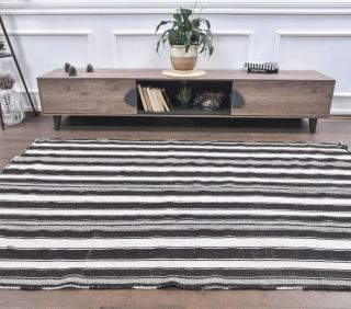 Hattie - Black & White Striped Jute Kilim - Thumbnail