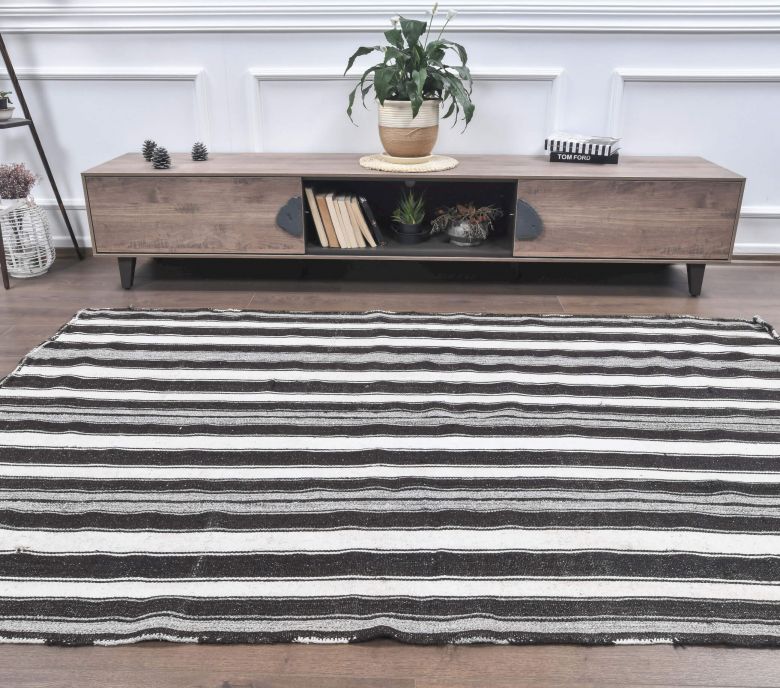 Hattie - Black & White Striped Jute Kilim