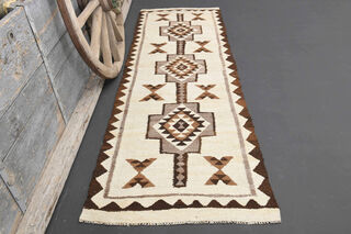 Hand-Knotted White Vintage Rug Runner - Thumbnail