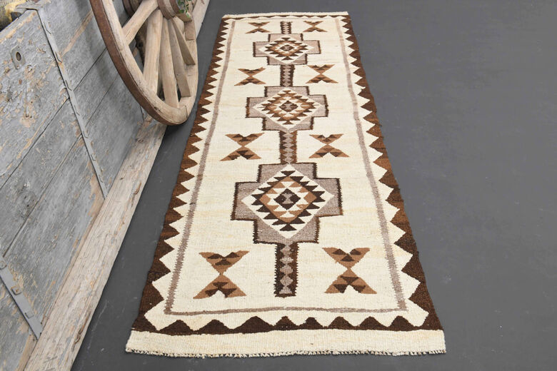 Hand-Knotted White Vintage Rug Runner