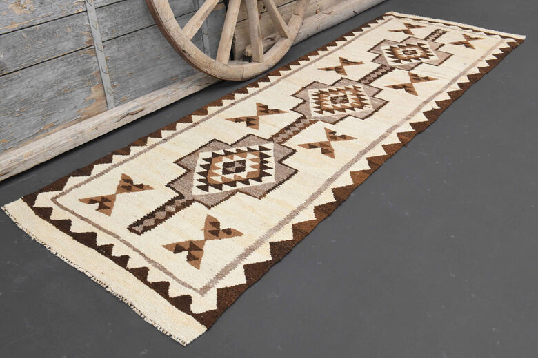 Hand-Knotted White Vintage Rug Runner