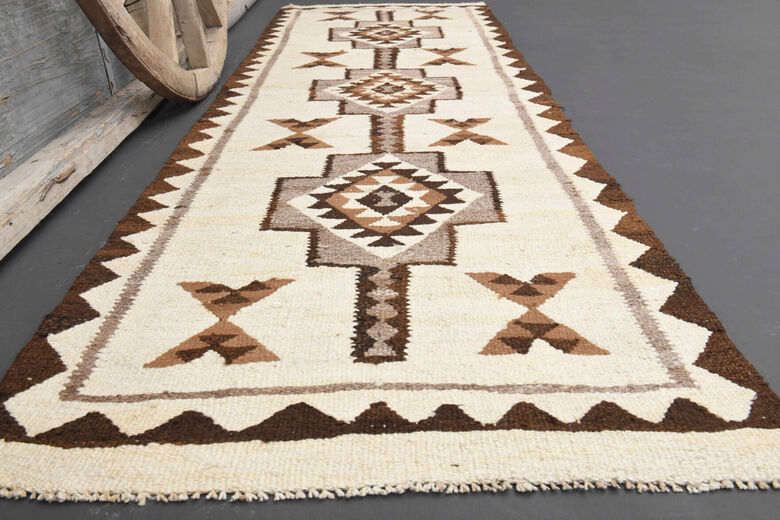 Hand-Knotted White Vintage Rug Runner