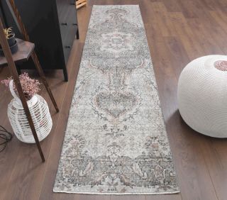 Gray Floral Oushak Runner Rug - Thumbnail