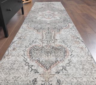 Gray Floral Oushak Runner Rug - Thumbnail