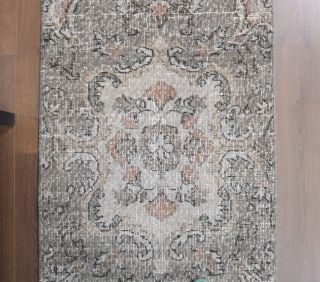 Gray Floral Oushak Runner Rug - Thumbnail