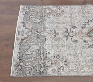 Gray Floral Oushak Runner Rug - Thumbnail