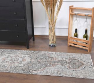 Gray Floral Oushak Runner Rug - Thumbnail