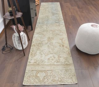 Beige Floral Oushak Runner Rug - Thumbnail