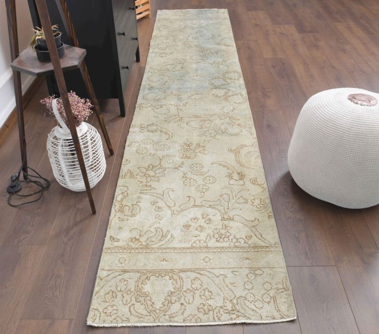 Beige Floral Oushak Runner Rug