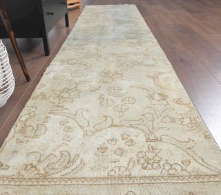 Beige Floral Oushak Runner Rug - Thumbnail