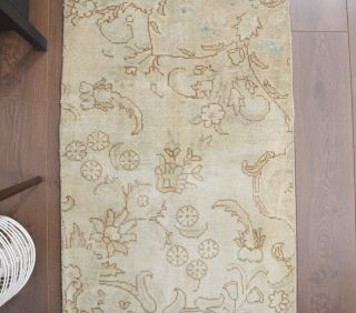 Beige Floral Oushak Runner Rug - Thumbnail