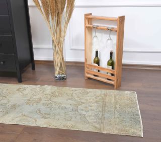 Beige Floral Oushak Runner Rug - Thumbnail